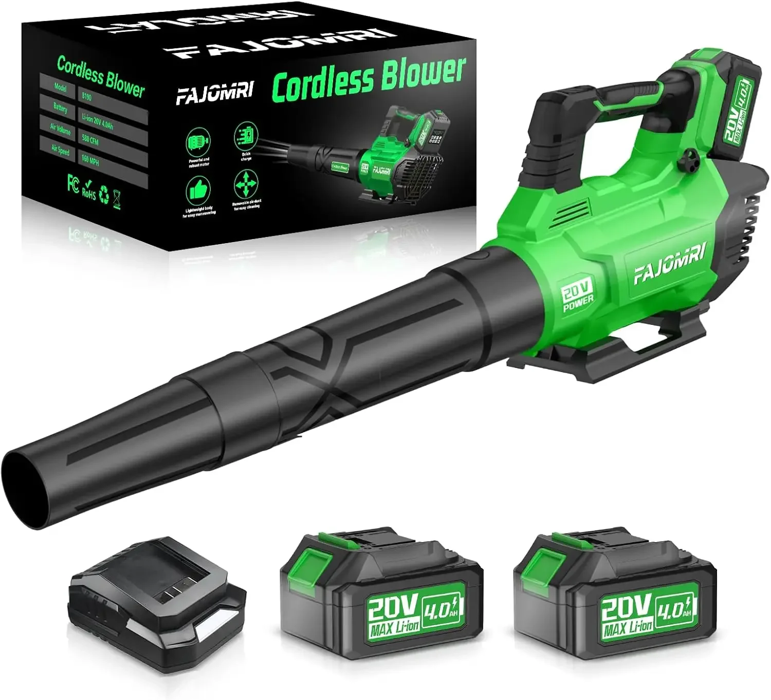 Blower Cordless - 580CFM/160MPH Electric Leaf Blower with 2 X 4.0Ah Battery and Charger, 3 Speed Modes, Blowers for Lawn Ca