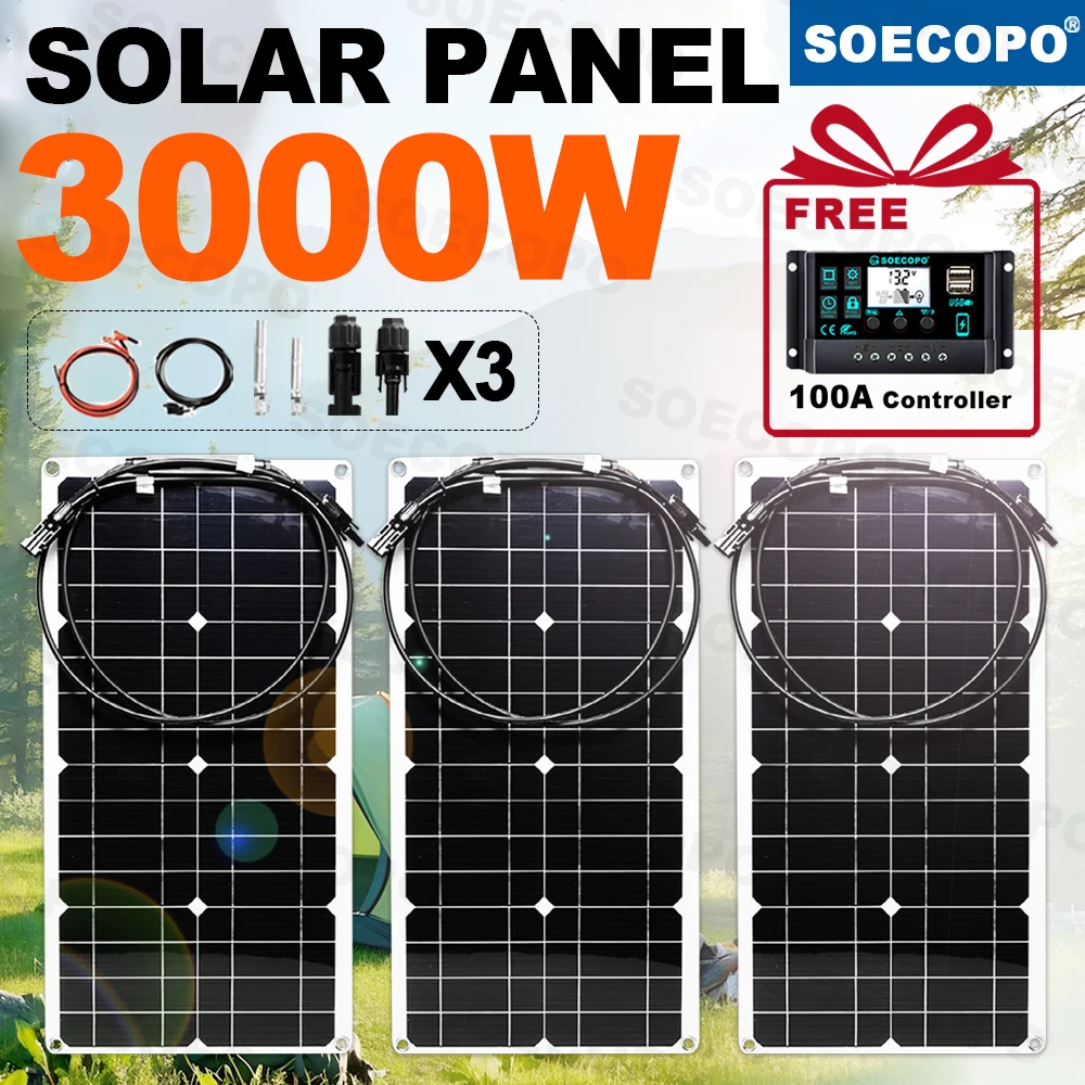 

SOECOPO 3000W Free 100A Controller Portable Solar Panel Kit MC - 4 DC18V 3*Panels Controller Dual USB 5V for Camping Supply