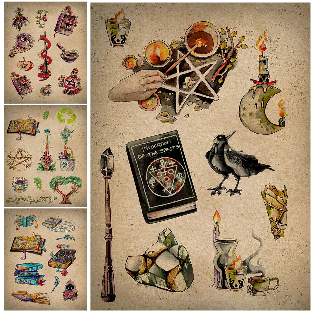 

Witchcraft Items Illustration Vintage Wall Art Canvas Painting, Magic Wand,Spell Book,Candle, Snake And Crystal Ball, Art Poster