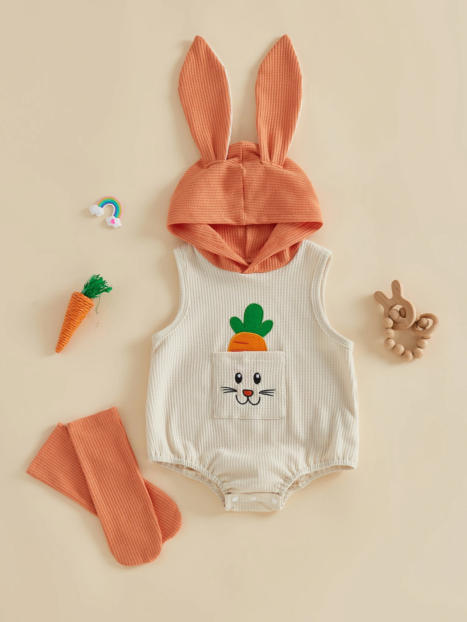 

Очаровательный пасхальный костюм кролика для младенцев с вышивкой в виде моркови, комбинезон без рукавов с капюшоном, длинные носки и праздничная одежда