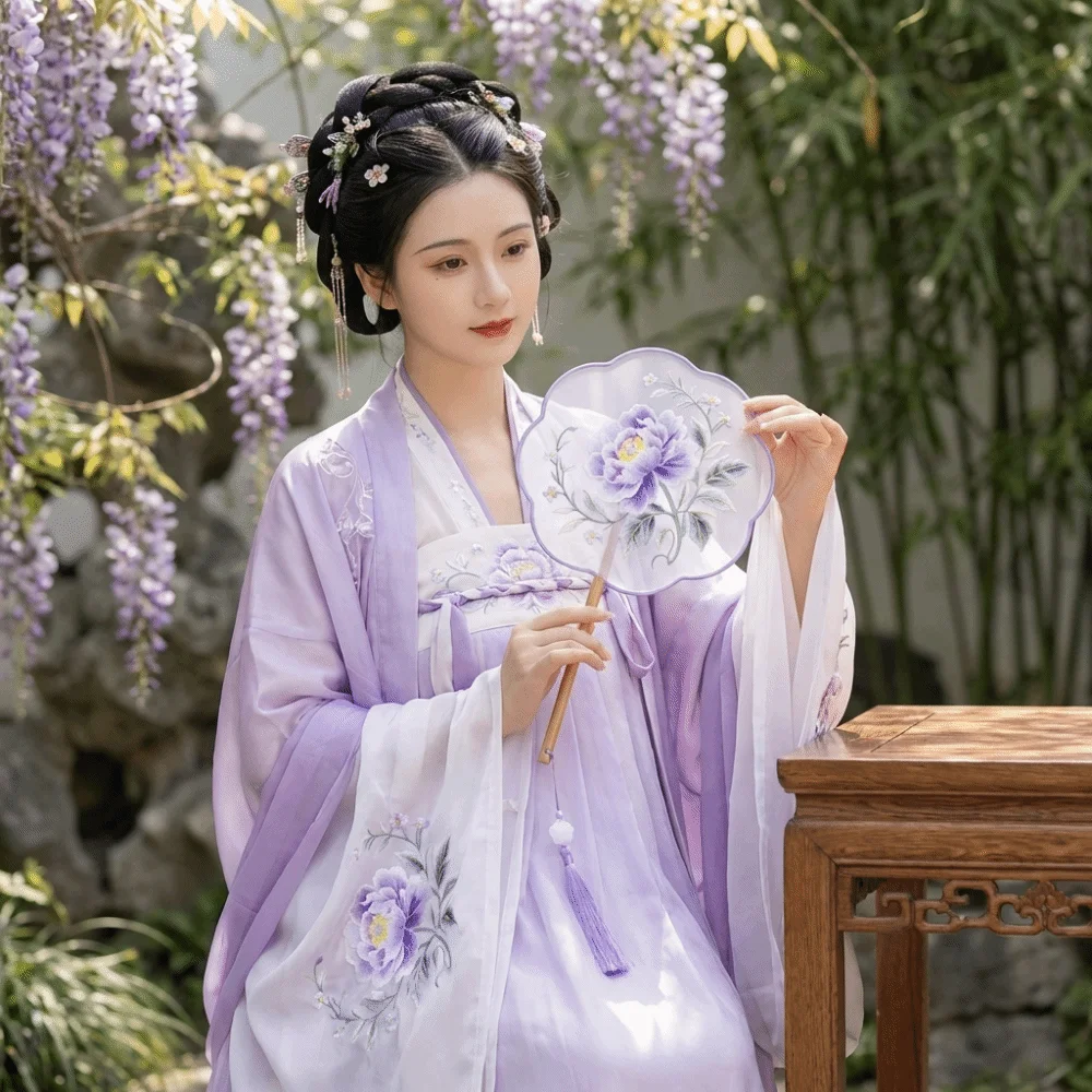 Chinese Style Double Sided Embroidery Fan Long Handle Classical Embroidery Round Fan Semi-Transparent with Tassel Dance Fan