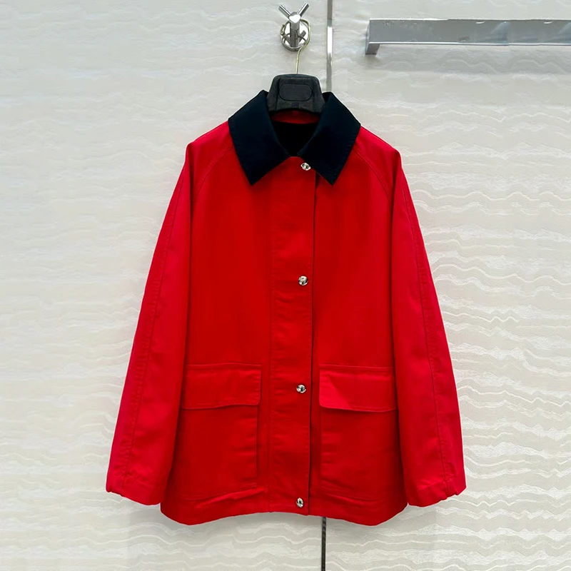 

Women's retro colour-blocked lapel loose-fitting casual jacket, workwear pocket jacket, high quality, autumn, new style, 2025