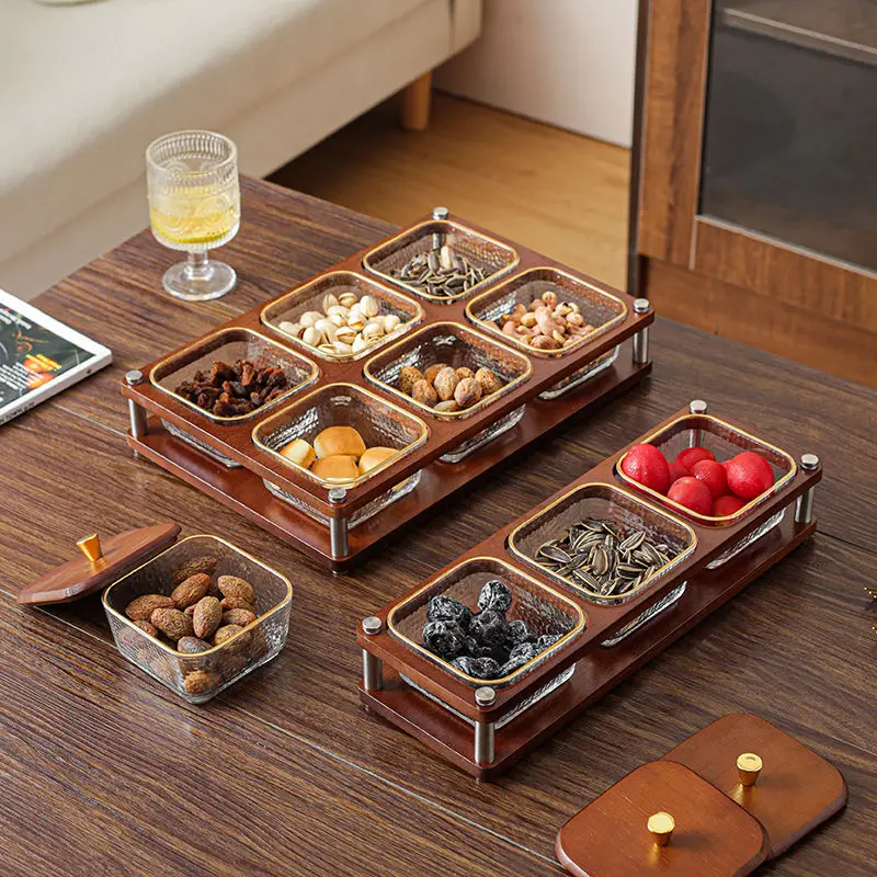 Deluxe Glass Fruit Snack Tray Household Living Room with Cover Grid Creative Dried Fruit Dim Sum Candy Tray