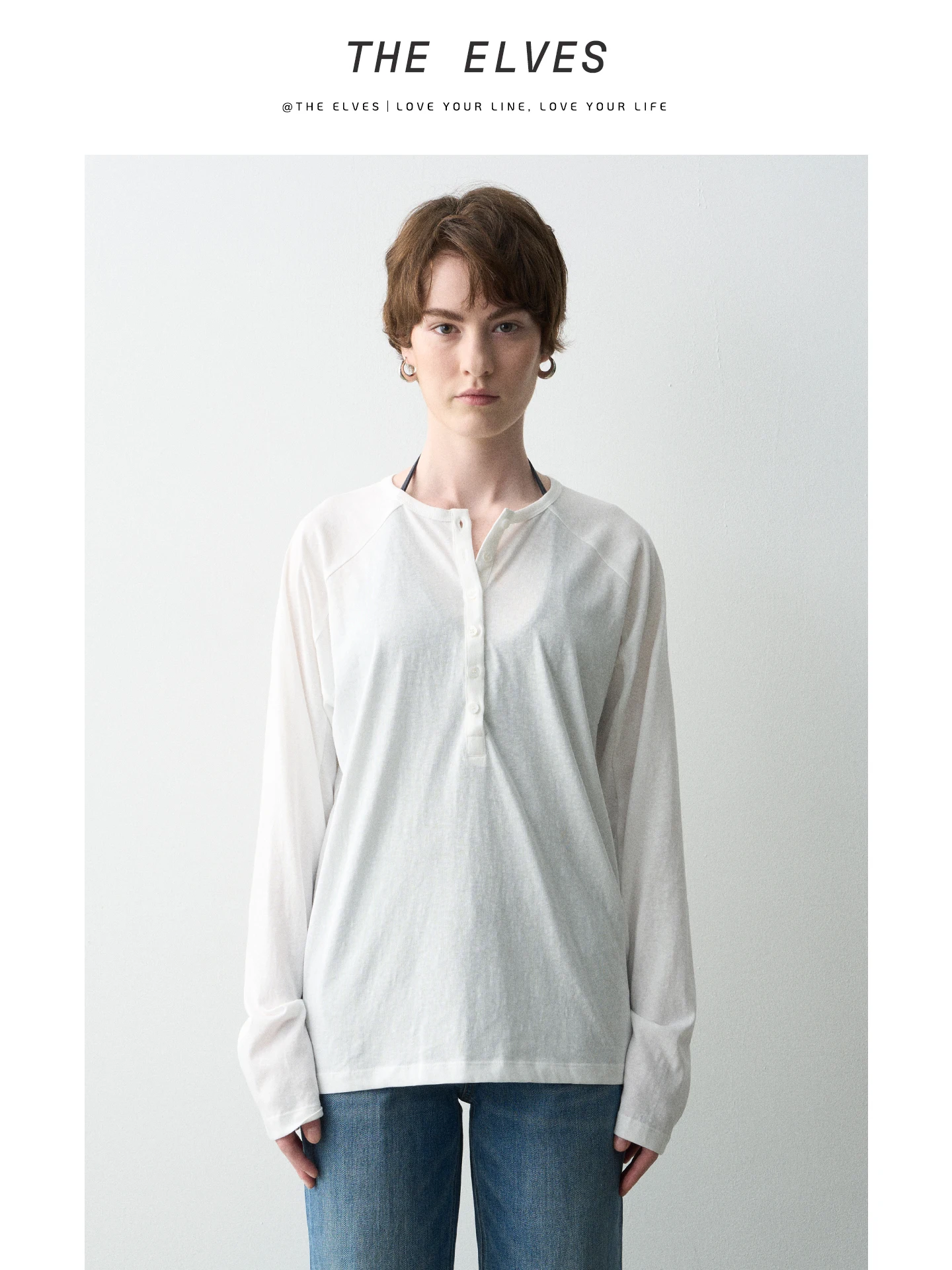 

Женская футболка оверсайз с длинным рукавом Elves 2026 Early Spring, с воротником хенли, повседневная, комфортная, белая, в стиле Cleanfit