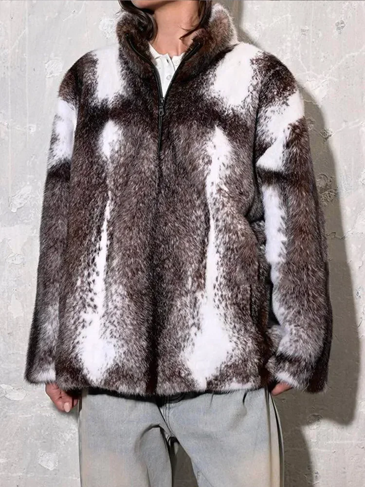 

Women Fashion Spot Faux Fur Coat Stand Collar Long Sleeve Zipper Loose Short Jacket New Winter Lady Street Daily Outerwear 2025