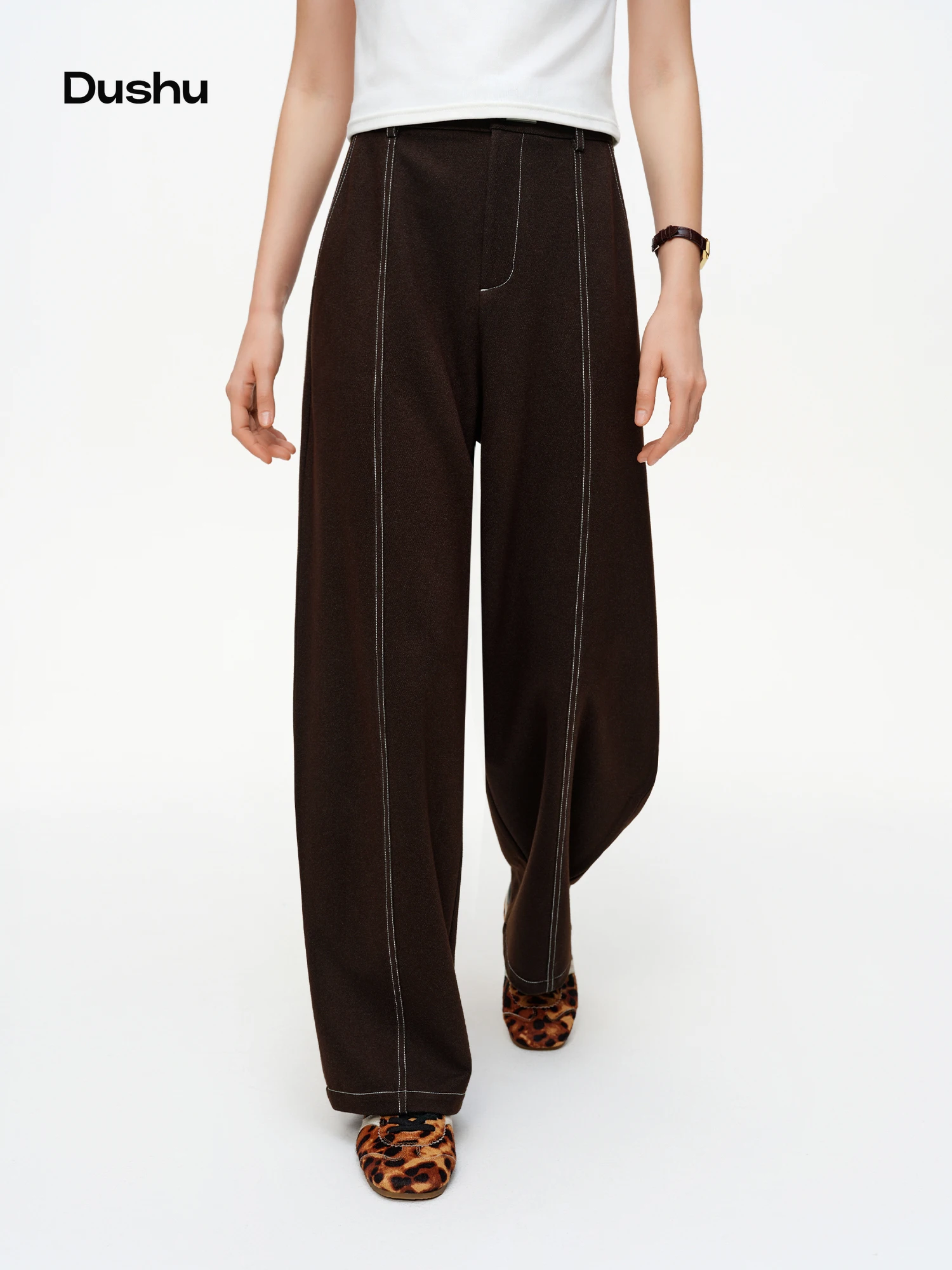 DUSHU 【Curved Blade Satin Pants】Visible Stitching Faded Finish Denim-Inspired Stretch Straight-Leg Women 2026 Spring New Arrival