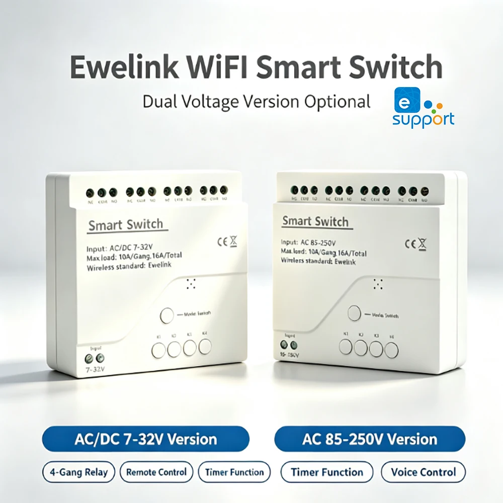 Ewelink WiFi Relay Smart Switch Module 1/2/4CH AC DC7‑32V 85‑250V Inching Self‑locking APP Remote Control For Light Motor Alexa