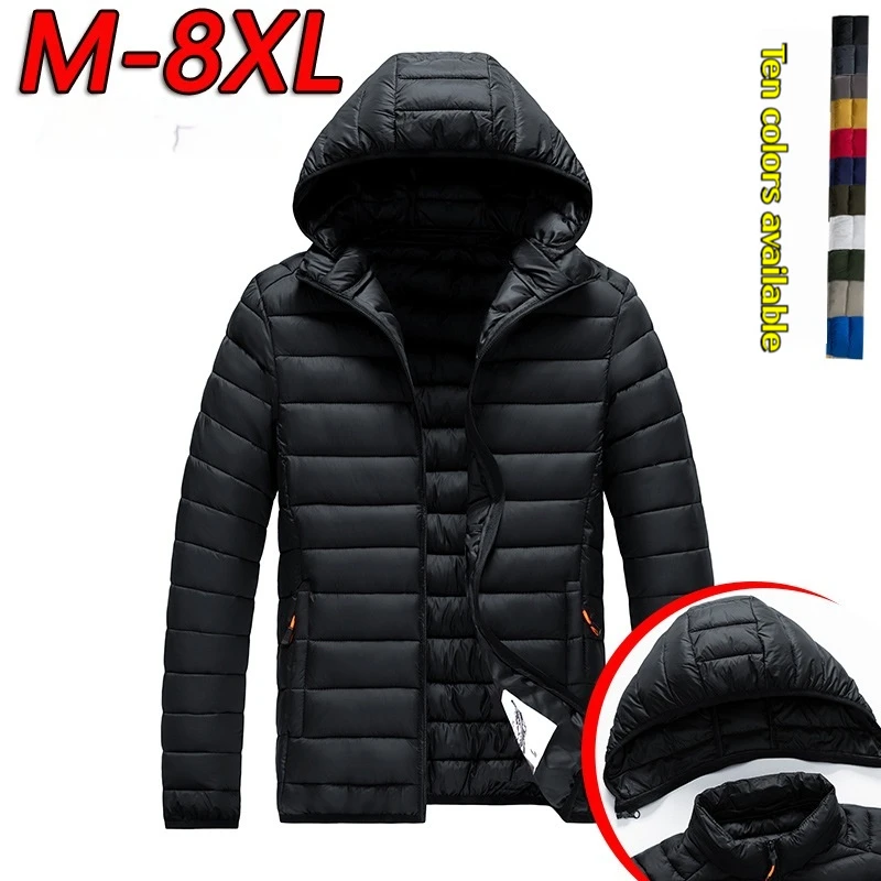 Winter Men's Plus Size Cotton Jacket Detachable Hood Warm Parka Coat Multi-Color Slim Fit Padded Outwear M-8XL Windproof Jacket