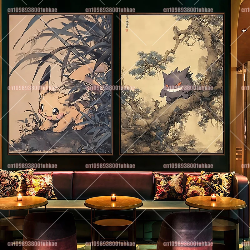 

Anime Pokemon Charizard Mewtwo Pikachu Gengar Retro Poster Ink Painting Art Print HD Canvas Painting Home Living Room Wall Decor