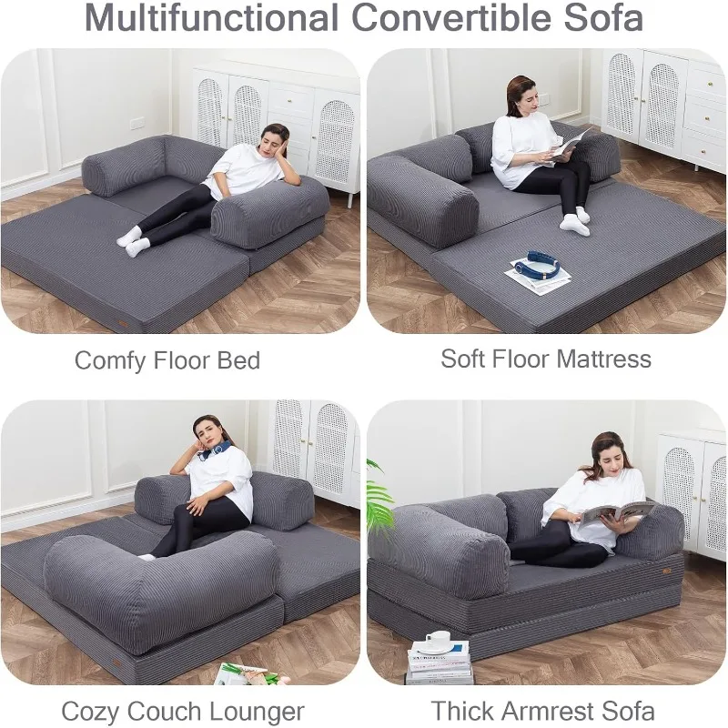 Tempat Tidur Sofa, Tempat Tidur Sofa Lipat Lantai 4-In-1 Queen dengan Sandaran Tangan Berbentuk L, Kasur Tidur Tempat Tidur Kursi Lipat Dapat Dikonversi