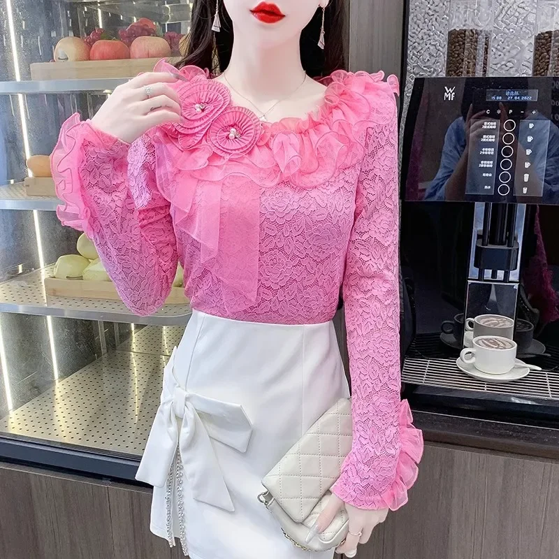 

Autumn New French Style Sweet Design Sense Top Sexy Hollow Lace Shirt Slim-Fit Slimming Long-Sleeve Base Shirt Women