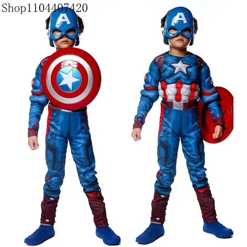 

Halloween Purim Boys Captain Rogers Costume Blue Superhero Muscle America Jumpsuit Fantasia Fancy Dress Outfit