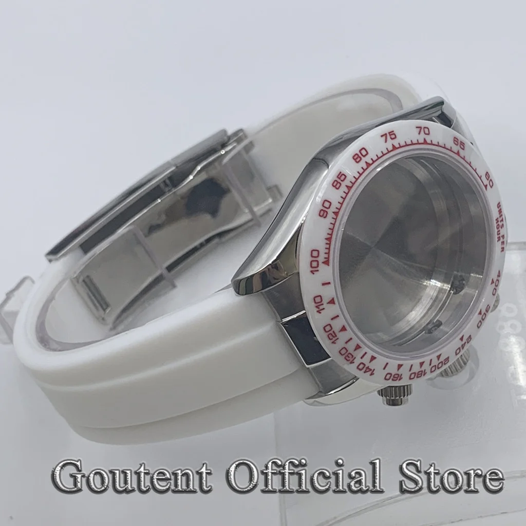 Goutent 40mm Silver Sapphire Crystal Quartz Watch Case White Rubber Strap Fit VK63 Movement Watch Accessories