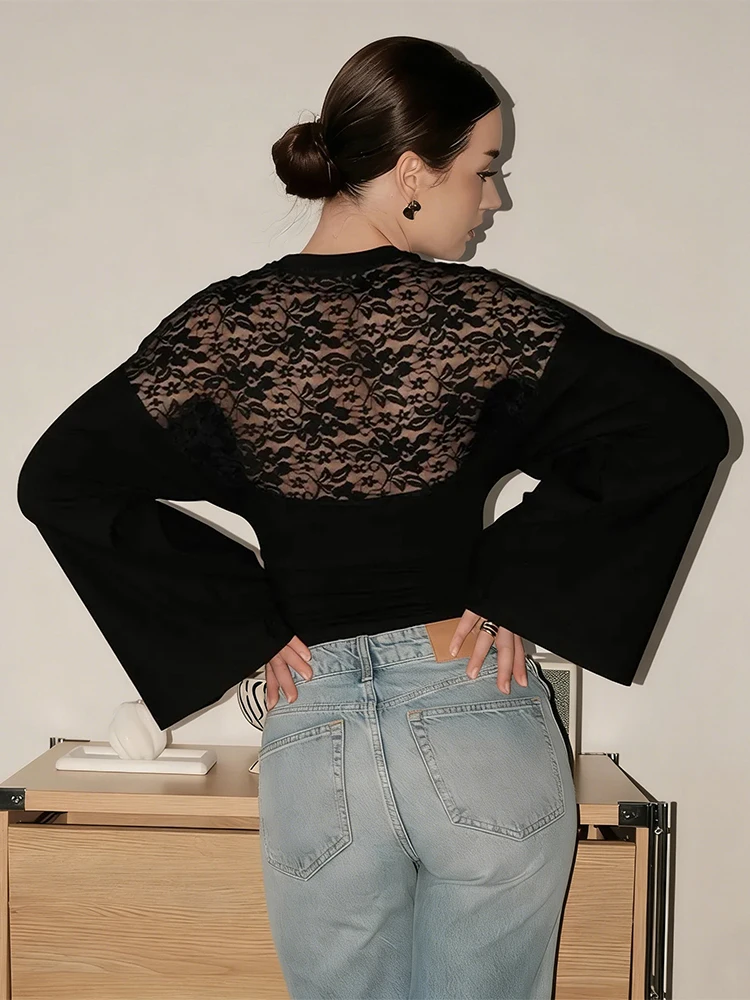 Trendix Women's Sheer Mesh Backless Blouse 2026 Spring Slim Long Sleeve T Shirts Street Casual Party Elegant Fashion Lace Shirt