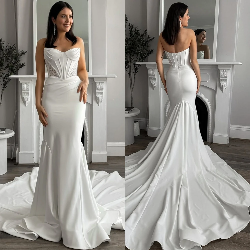 

Customized Charming White Jersey Wedding Dress Elegant Sweetheart Chapel Train Vestido De Novia Formal Sleeveless Bridal Gowns