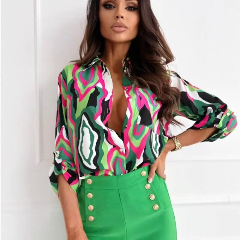 

Новая женская блузка премиум-качества с воротником, на одной пуговице, в полоску, с цветочным принтом, с длинным рукавом, весна-осень