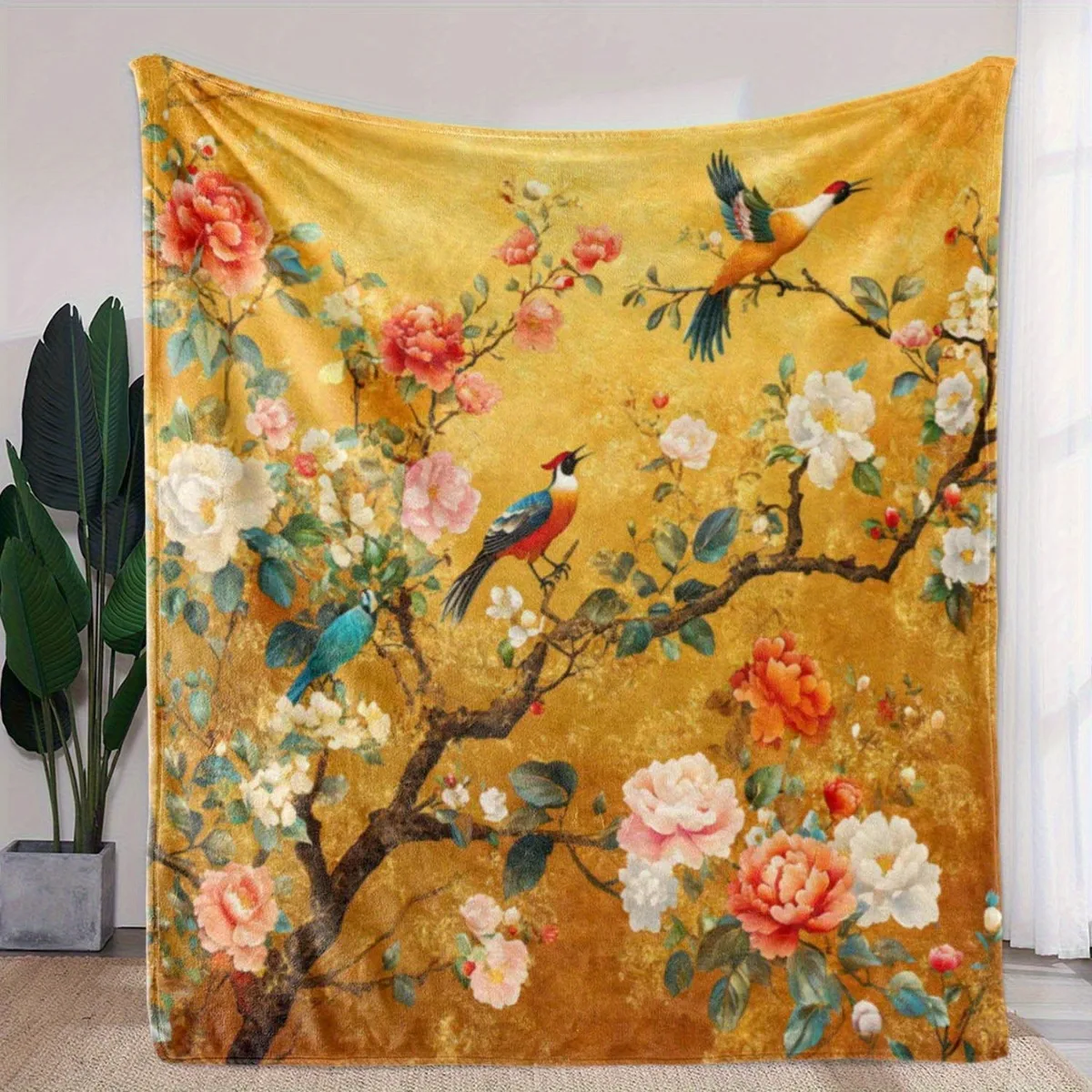 Traditional Chinese Peony Bird Throw Blanket, Golden Texture Blossom Branch Warm Fleece for Couch Trip Elegant Asian Room Decor