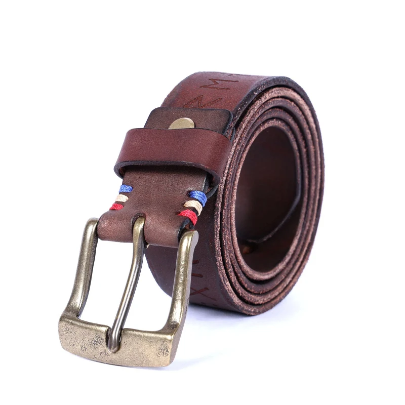 Retro casual top layer cowhide men's belt pure copper pin buckle hand-carved belt simple and versatile cowhide belt 3.8cm