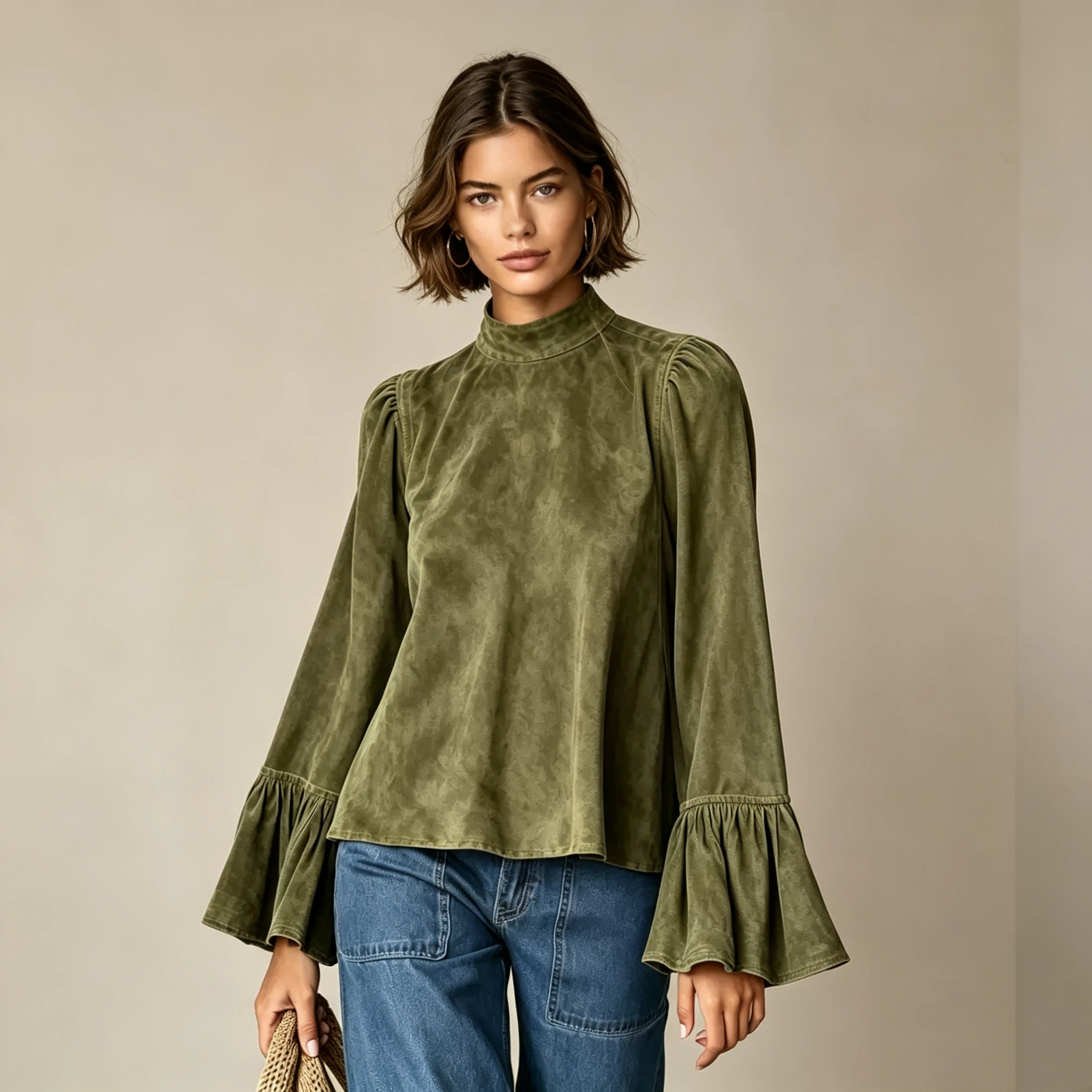 Autumn Winter Women's High Collar Suede Long Sleeve Loose Top Fashionable Retro Style Upperwear for Ladies