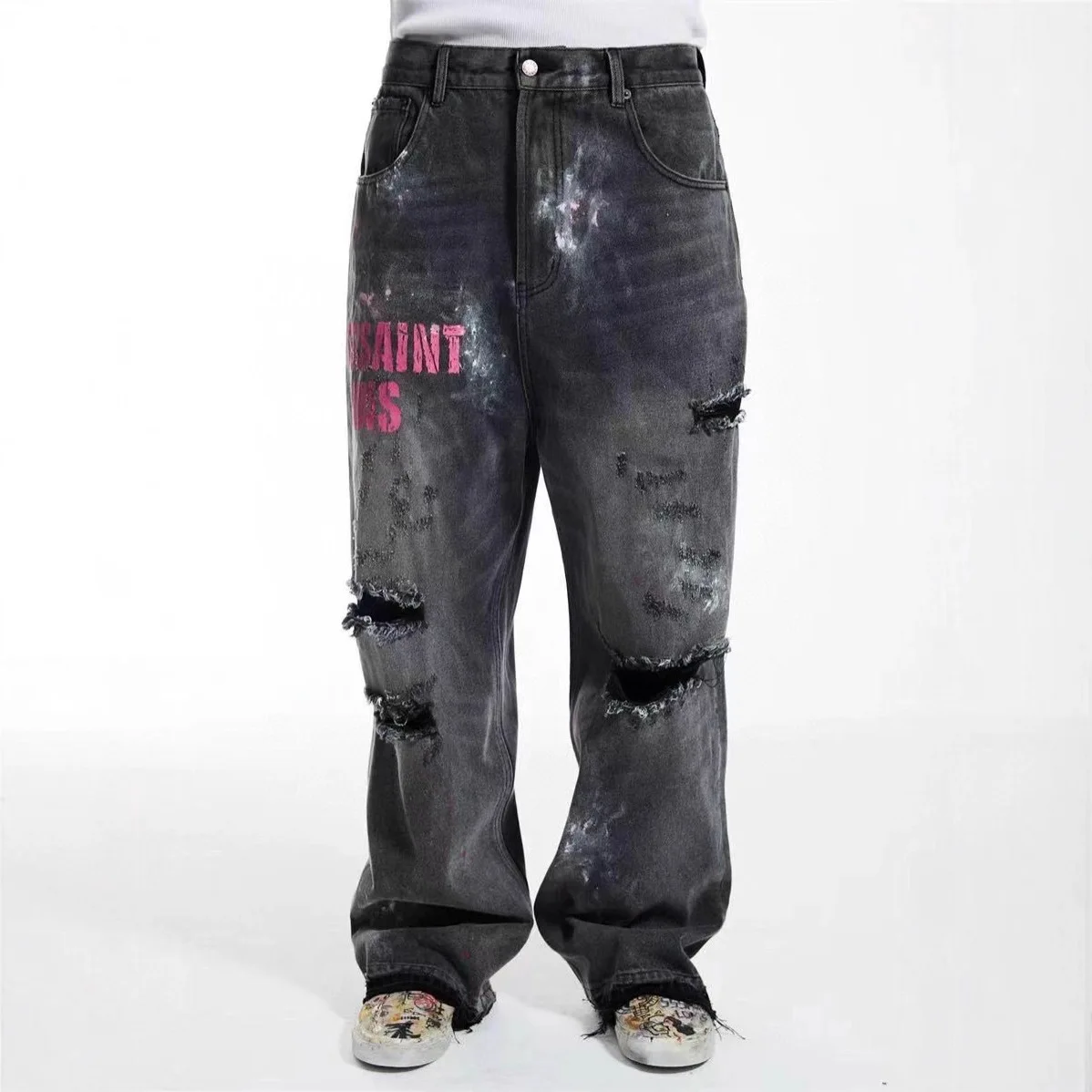 SSSAINT LOUIS Denim Straight Leg Midrise Casual Pants - Hole-Ridden Letter Design - Men's and Women's - American Style Chic