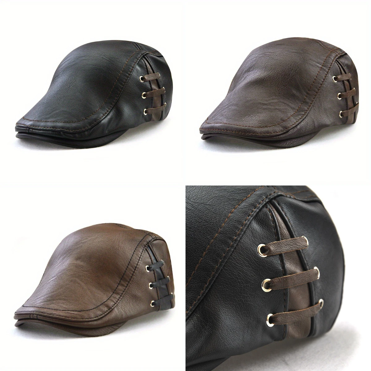 

Perporated Strap Design Peaked Cap Man Trendy Leather Newsboy Hat Autumn and Winter Outdoor Windproof Hat Comfortable To Wear