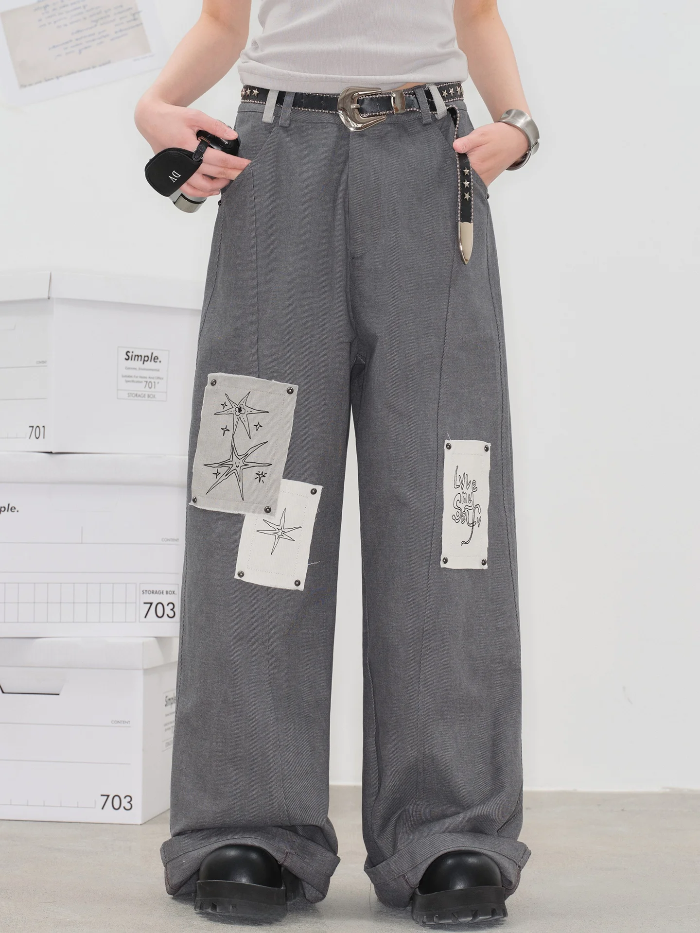 

Original Pattern Pixel Patchwork Loose Straight Leg Jeans Women's Casual Cotton Denim Pants Dstring l Waist Zipper