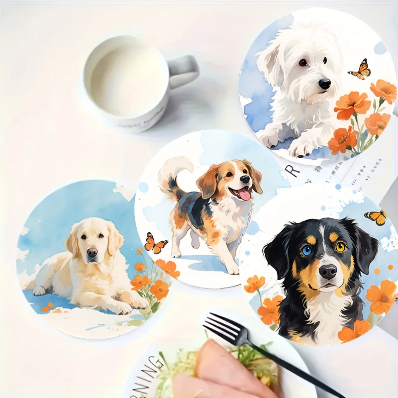 2D Elegant Cute Puppy Pattern Flat Round Wooden Coasters 6pcs Set Design Terrace Dining Table Dog House Dog Lovers Artwork Gift