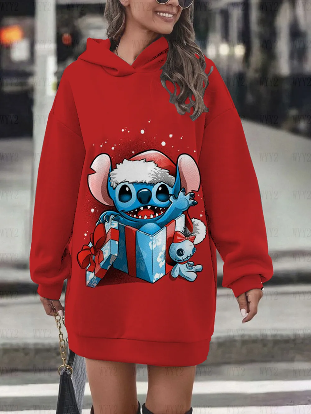 New Disney Stitch print hooded skirt women\'s casual street sweater dress Christmas loose series casual autumn and winter hoodie