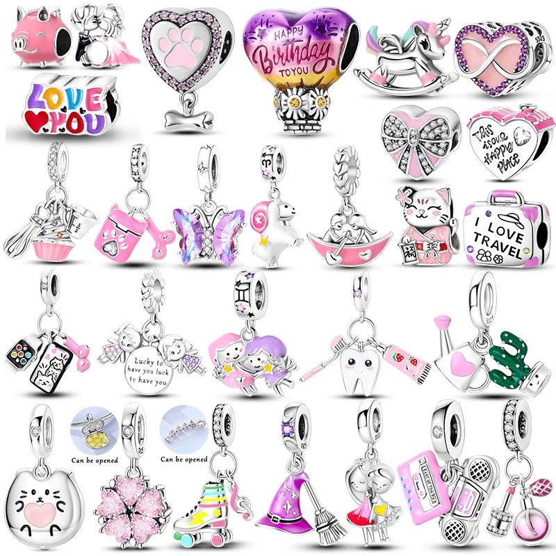 Rainbow Horse Pink Pig Charms Bead 925 Sterling Silver CZ Zircon Dangle Fit Original Bracelet DIY Jewelry Gift