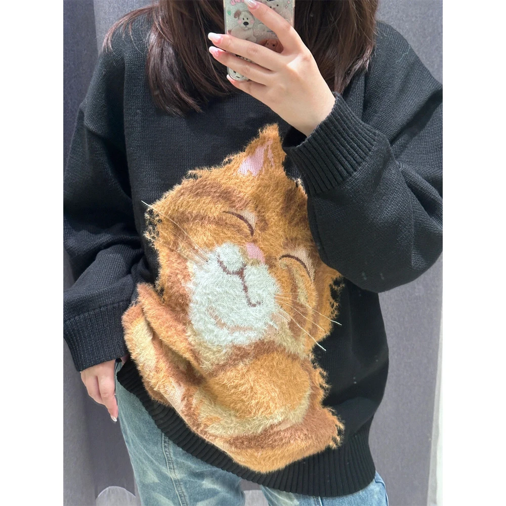 INS Luxury Plush Flocking Dog Cat Embroidery Sweaters Loose O-neck Pullover High Street Kawaii Knitwear Y2K Top Harajuku Couples