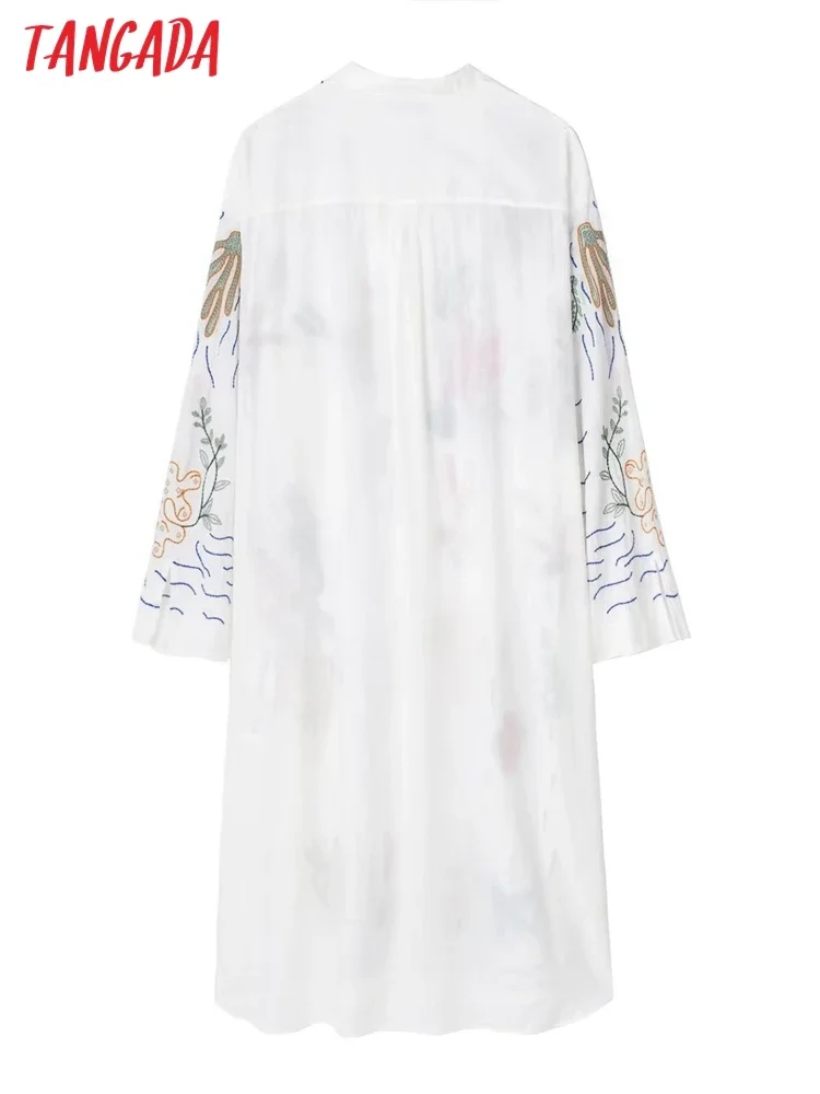 Tangada 2023 New Women Loose Cotton Embroidery Dress Long Sleeve Ladies Beach Dress 3H596