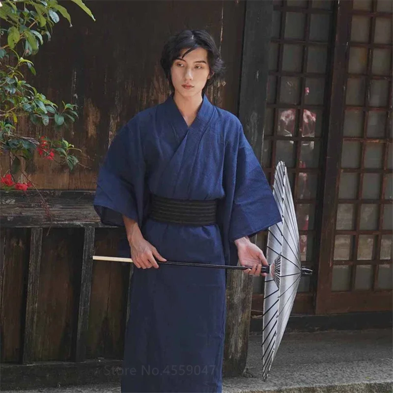 Cotone Kimono giapponese Haori Sleepwear for Samurai Men Haori Yukata Obi abbigliamento Set tradizionale Yukata pigiama camicia da notte Jinbei