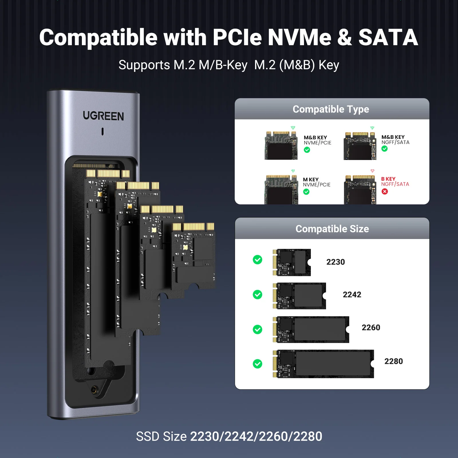 UGREEN M2 SSD Case M.2 NVMe 5Gbps USB C 3.2 Gen2  SSD Enclosure Tool-Free External  SSD Adapter M and B&M Keys