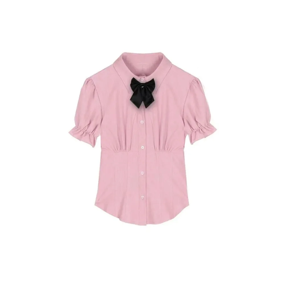 

Chic Bowknot JK Short Sleeve Shirts Puff Sleeve Preppy Style Slim Blouse Women Crop Top Y2K Sweet Girls Shirts Streetwear