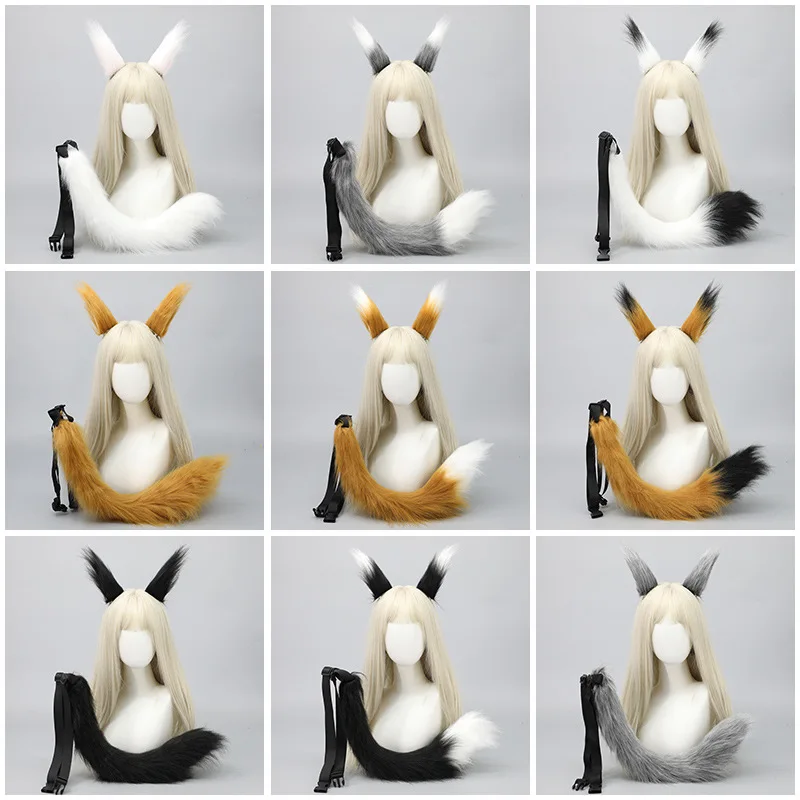 Halloween Anime Faux Fur Cat Fox Wolf Furry Tail and Clip Ears Party Costume Accessories 60cm Length Tails