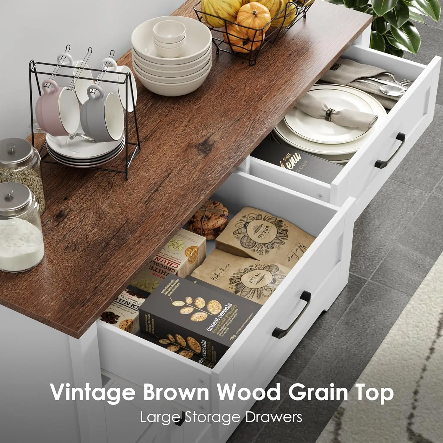 47.2' Farmhouse Buffet Cabinet with Drawers & Shelves, Rustic White Kitchen Sideboard for Living Room, Entryway