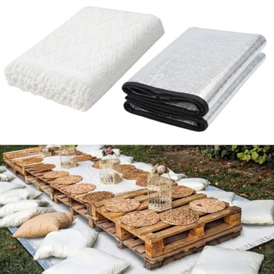 

110×134'' Extra Large Outdoor Picnic Blanket with Waterproof Mat Oversize Beach Woven Cotton Yarn Blanket with Fringe Machine W