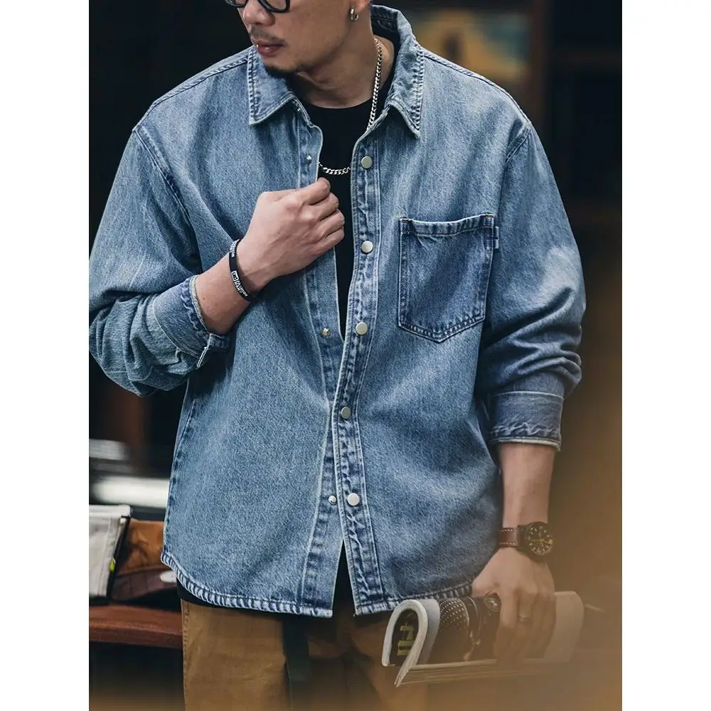 

Loose Fit Men's Denim irt Long Sve American Sle Casual Outerwear Autumn 2025 New Faion Youth Trend Button Decor