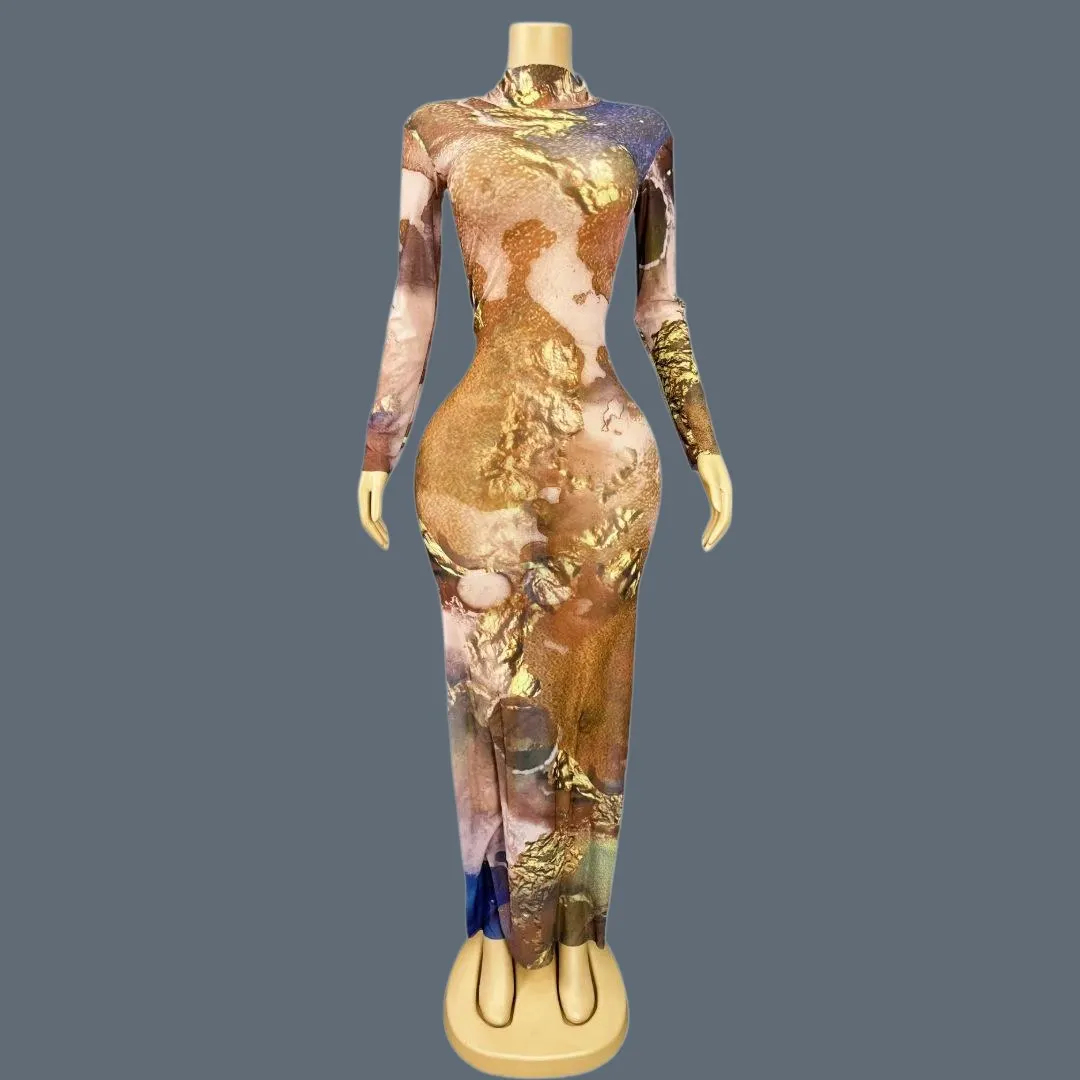 

Classic Printing Stretchy Spandex Long Dress Women Bar Club Party Performance Dancer Costume Birthday Show Stage Outfit Niguang