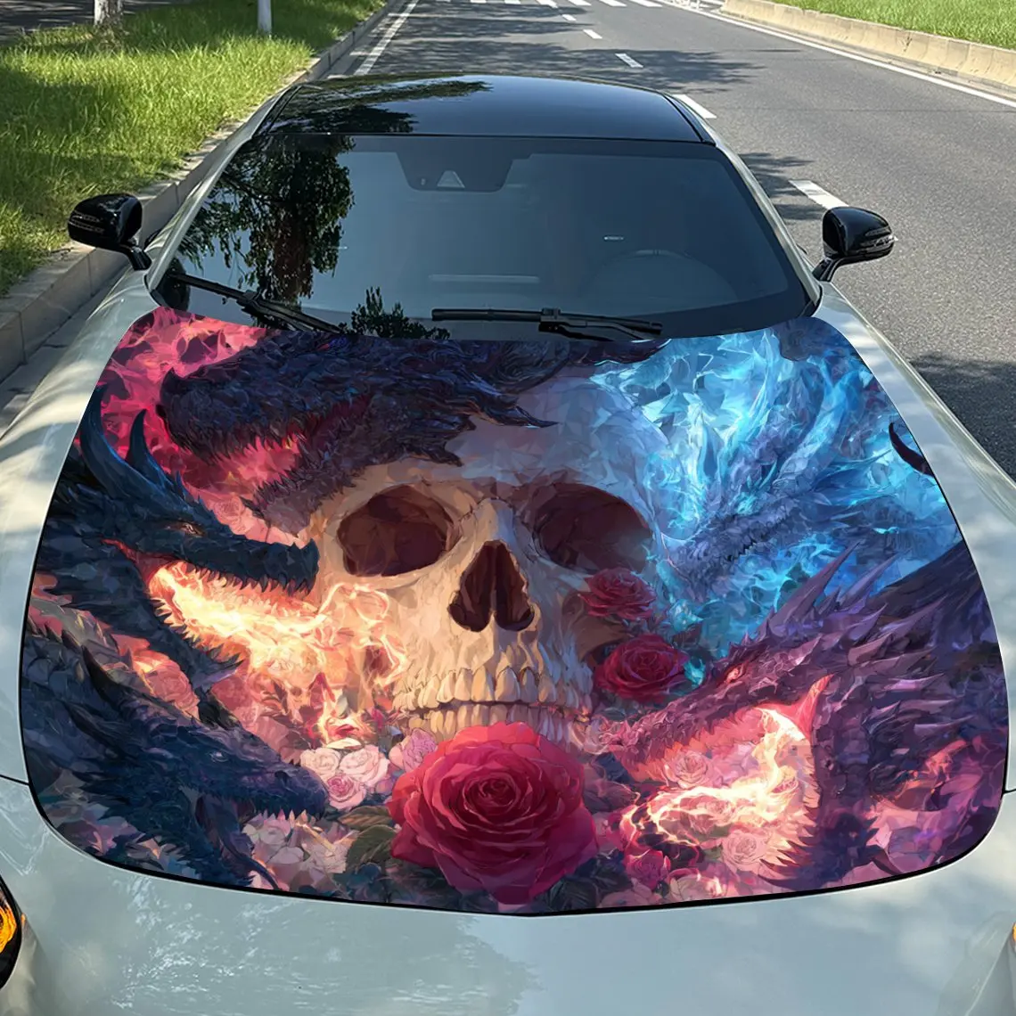

Череп Дракон Роза наклейка на капот автомобиля ПВХ самоводонепроницаемая палочка яркие авто внешние аксессуары Декор защитный подарок для любителя автомобилей