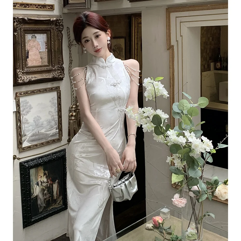 

Ele Velvet Floral Emed Pearl Improved Dr Summer New Sle Women's Clothing Faionable Ladylike Design