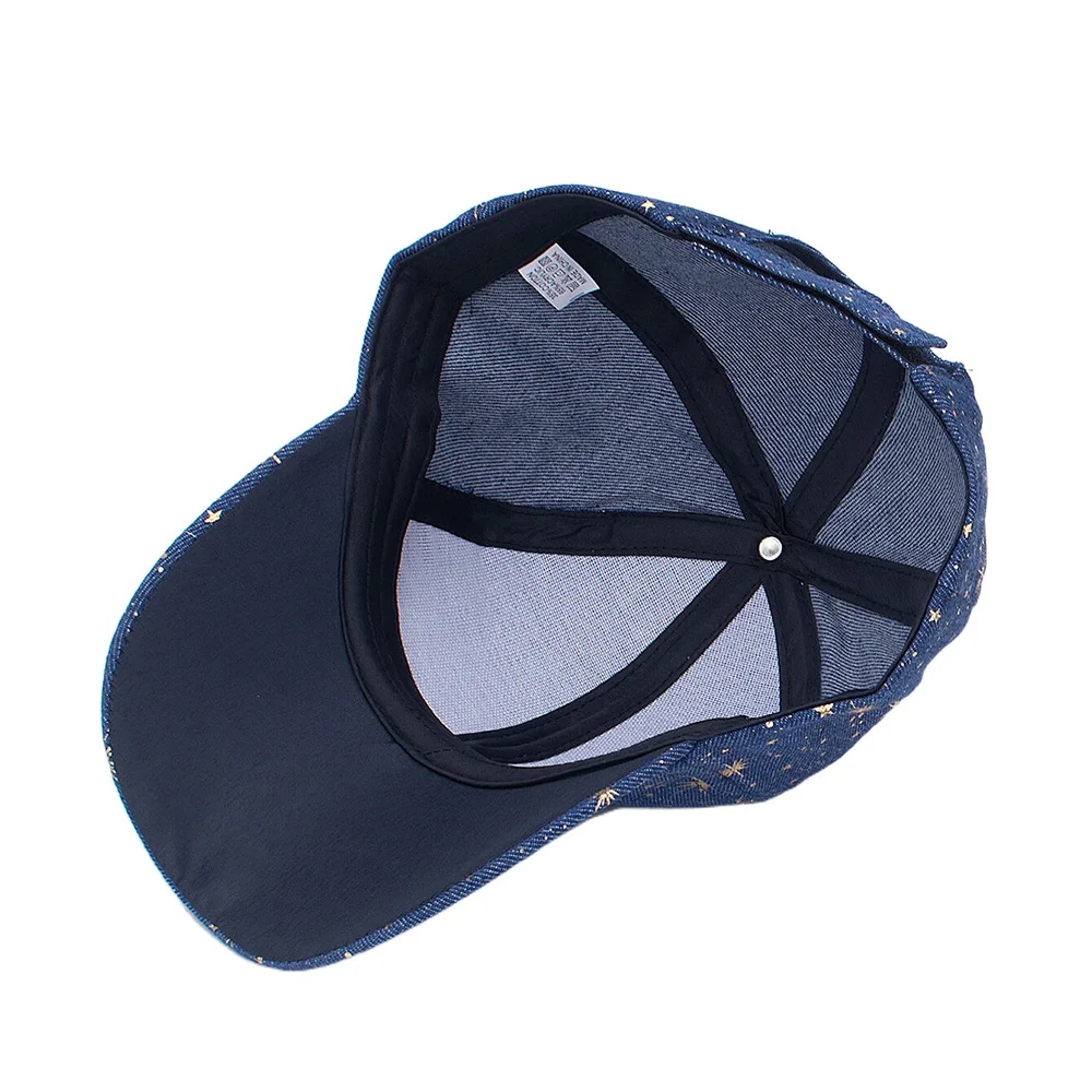 Casual Women Mens Denim Blue Baseball Cap Bronzing Printed Golden Starburst Design