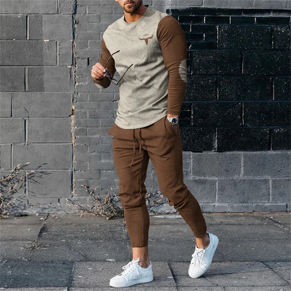 Conjunto de ropa deportiva con estampado 3D de estilo étnico Vintage para hombre, camiseta de manga larga, pantalones, conjunto de 2 piezas, jersey de gran tamaño, ropa de otoño