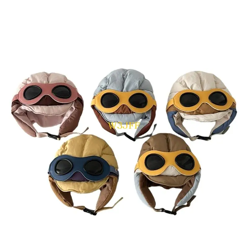 

W3JF Infant Hat With Goggles And Windproof Ear Flaps Adjustable Strap Soft Nylon Winter Cap For 3-8 Year Old