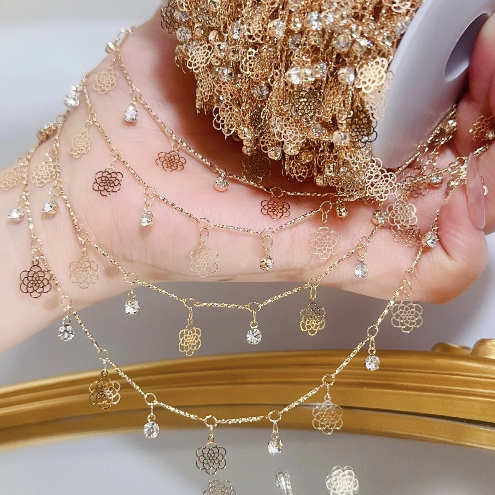 

10 Meters Hollow Out Lotus Fresh White Diamone Tassel Copper Chain DIY Making Necklace Bracelet Accessories Wedding Decoration