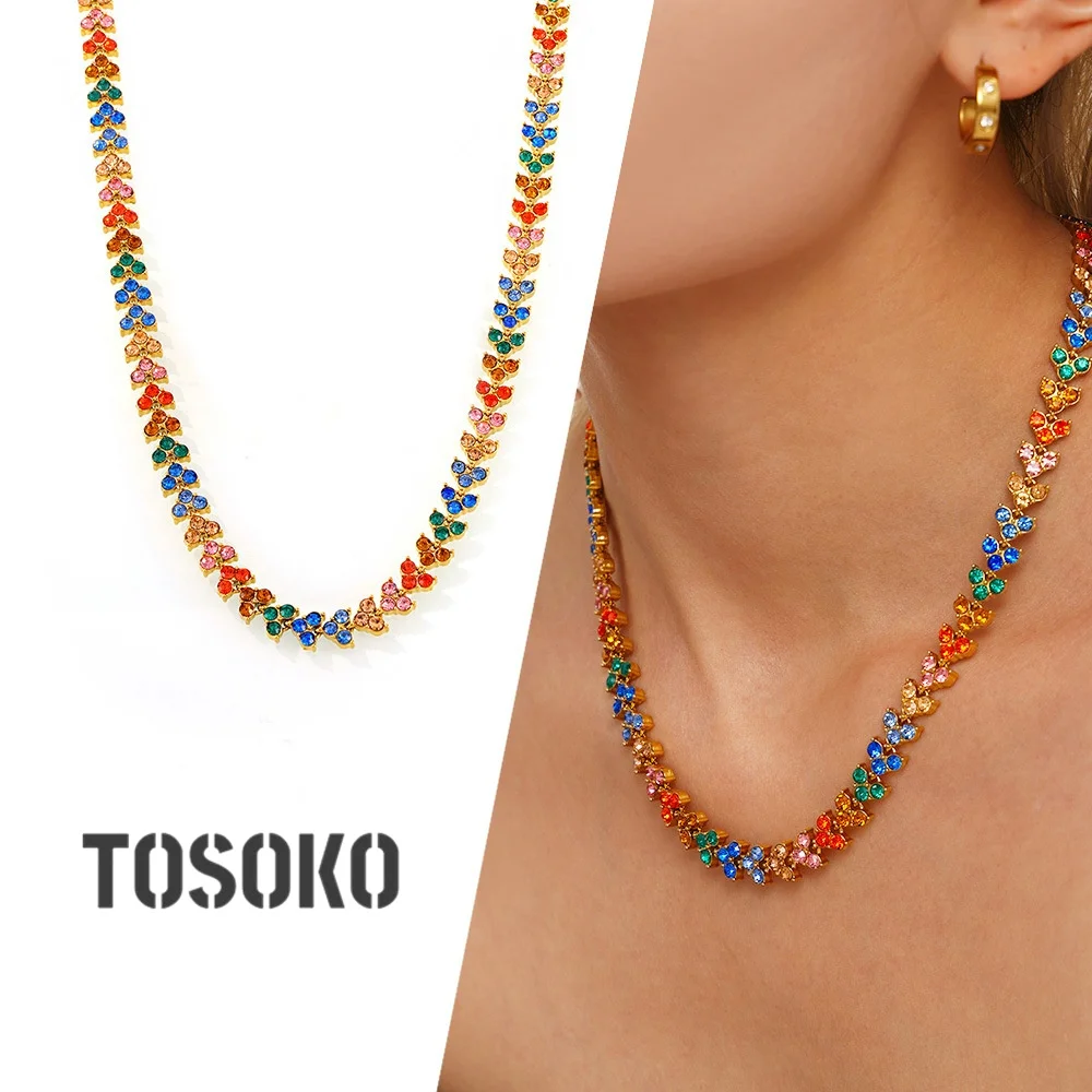 TOSOKO Fashionable and Exaggerated Colorful Round Zircon Triangular Splicing Necklace for Women's Stainless Steel Jewelry P214