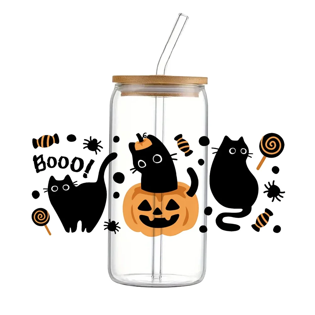 Autocollant de transfert rond UV DTF mesurost Cat, autocollant d'Halloween pour tasse en verre de 16oz, impression étanche, clair, lisse, bricolage