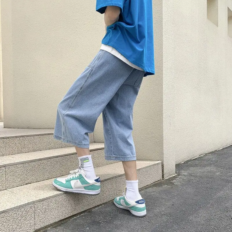 New Summer Fashion Straight Leg Jeans For Men's Korean Light Blue Slim Fit Loose Luxury Brand Design Casual Wide Leg Shorts