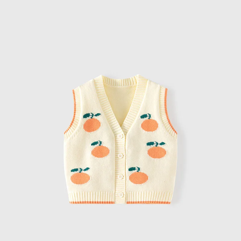 

Spring Autumn Little Girls Vest Tangerine Knitted Jacquard Striped Baby Girls Waistwear Cotton Elastic Hem Toddler Girl Knitwear