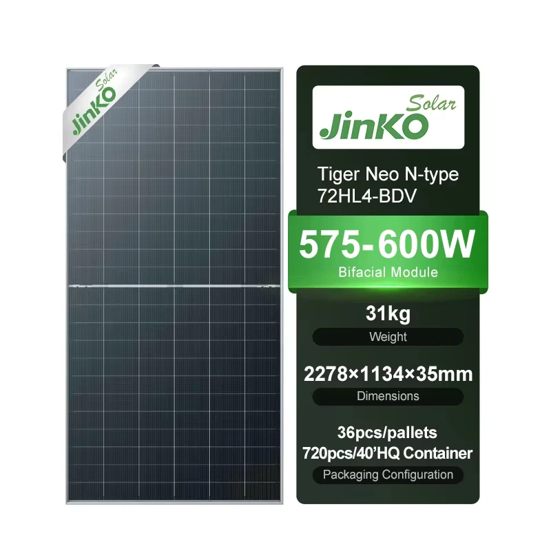 Jinko Solar Panel 575-600 watt Tiger Neo 72HL4-BDV N-Type 72Half Cell Bifacial Dual Glass Module 575W 580W 585W 590W 595W 600W